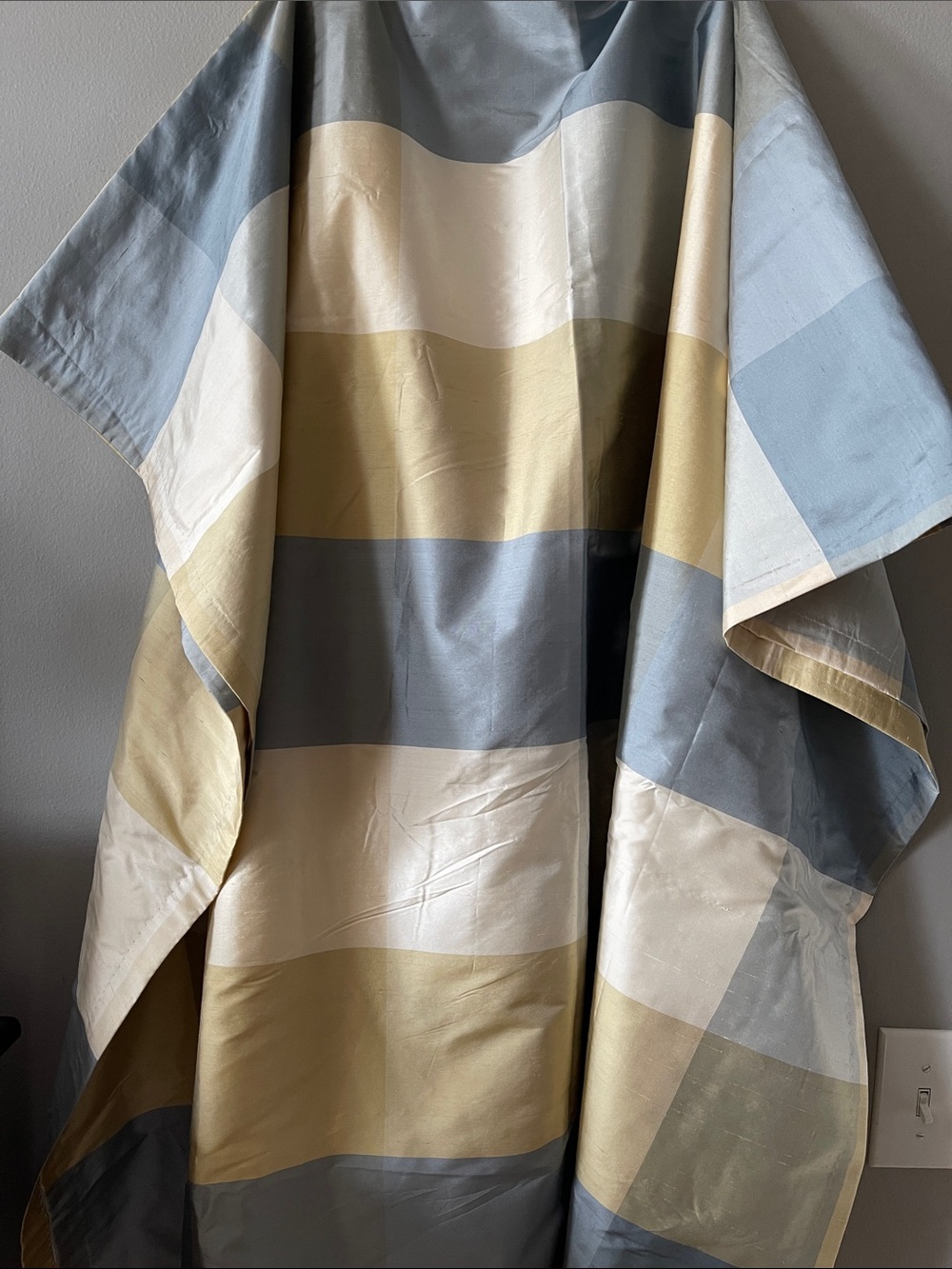 Blue and Cream Plaid window curtains set of 2 SILK